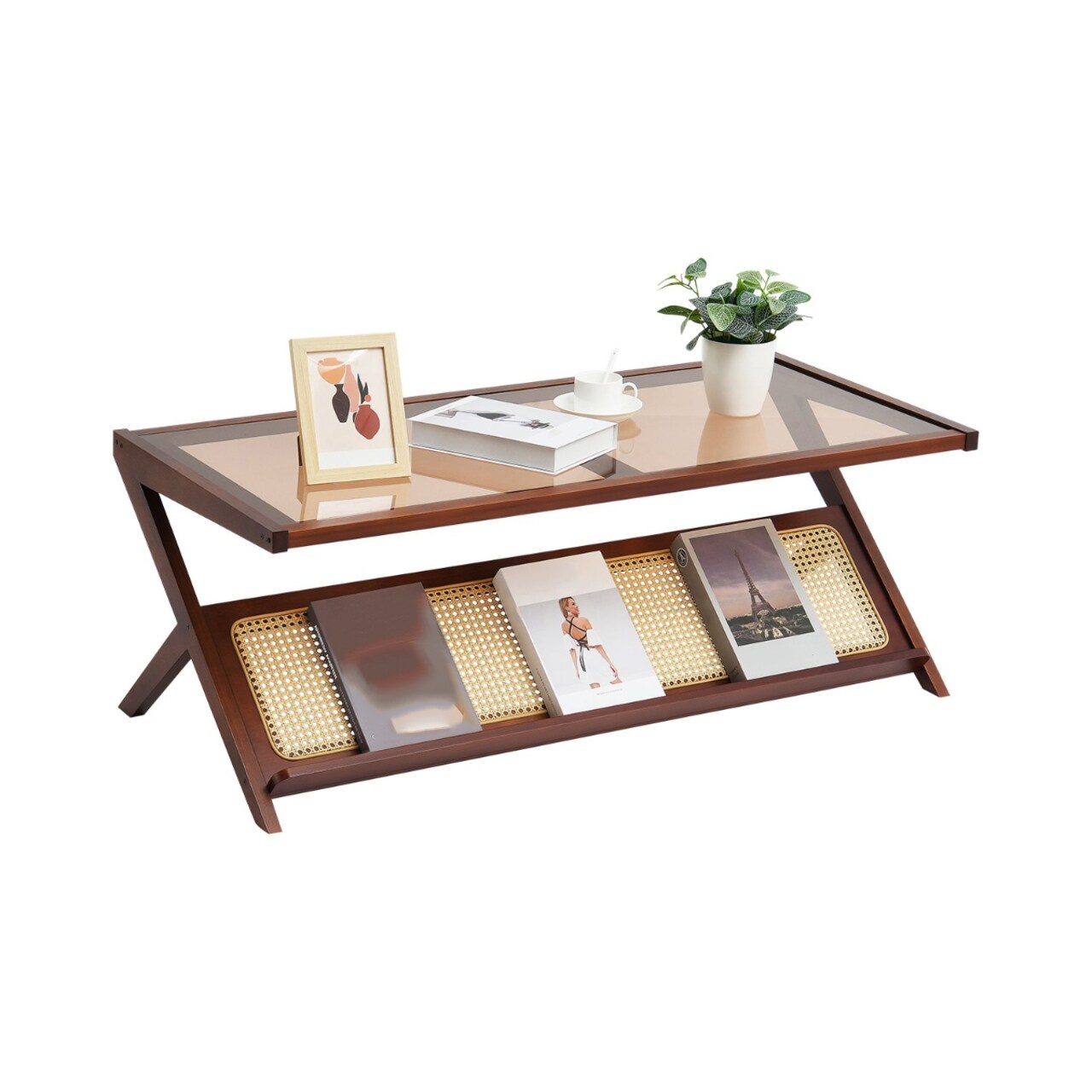 47-Inch Z-Shaped Rattan Woven Coffee End Table with Removable Glass Top Suitable for Any Small Space